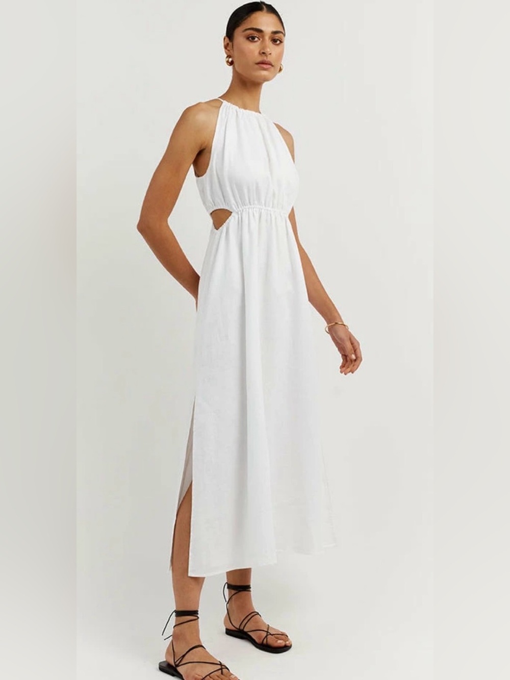 DISSH White Linen Halter Maxi Dress Side Slit Size 12